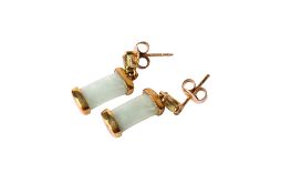 A pair of 9ct gold, jade and peridot earrings.