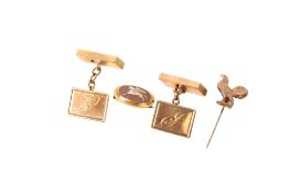A pair of 9ct gold cufflinks, a small cameo and a pin. The cufflinks hallmarked, gross weight 4.