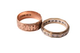 A 9ct rose gold ring and a white metal full eternity ring.