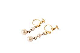 A pair of yellow metal and pearl drop earrings.