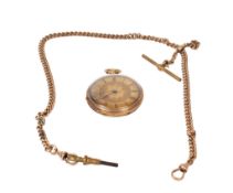 A yellow metal pocket watch and a gold plated Albert chain.