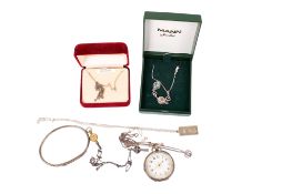 A Swiss silver cased pocket watch and a small group of silver and white metal jewellery.