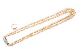 A Lotus pearl necklace and a 9ct ring.