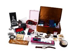 A large group of costume jewellery, decorative items and a few coins.