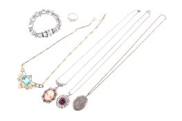 A collection of costume jewellery. Including a white metal oval locket on a chain, weight 12.