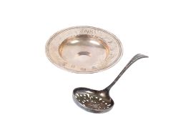 A small 20th century silver coin dish and a Victorian silver sugar sifter.
