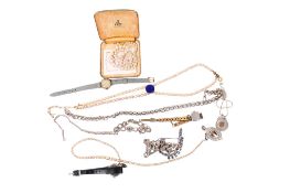 A small group of jewellery, 9ct gold wristwatch, silver and ladies' wristwatches.