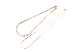 Two 9ct gold Italian herringbone necklaces. Both hallmarked, W0.4cm x L41cm and 0.1cm x 44cm.