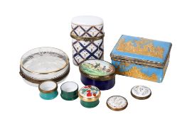 Four Bilston of Battersea enamel boxes and three further boxes.