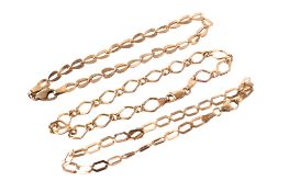 Three Italian 9ct gold bracelets. Each with shaped links, hallmarked, circa L18cm, gross weight 8.