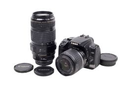 A Canon EOS 400D Digital SLR camera outfit. With two lenses; a Canon EF-S 18-55mm f3.5-5.