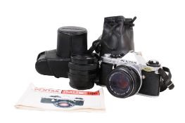 A Pentax ME Super 35mm film camera, 50mm and 28mm lenses. Camera body s/n 3383711, SNC Pentax-M 1:1.