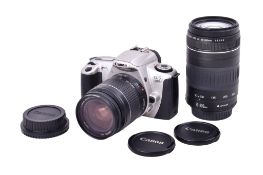 A Canon EOS 300 35mm SLR camera outfit. With two lenses; a Canon EF 28-80mm f3.5-5.