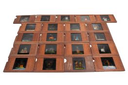 A collection of wood-framed hand-coloured single-slipper animated moving Magic Lantern Slides.