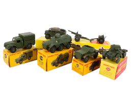 Five Dinky diecast military vehicles. Comprising a No.697 25-Pounder Field Gun Set, No.