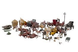 A collection of playworn lead figures. Modelled as hunting horses, farm animals, a trailer and more.