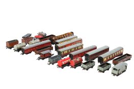 A collection of 00 gauge carriages, freight and rolling stock.