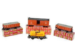 Four LGB Lehmann G gauge rolling stock and wagons.