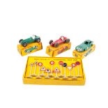Three Dinky diecast racing cars and a set of No.771 International Road Signs. Comprising a No.