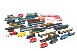 A collection of 00 gauge Hornby carriages, rolling stock and freight stock. Including a boxed R.