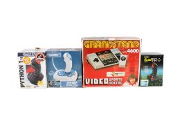 An assortment of video games and equipment.