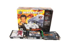 A Nintendo 64 and three boxed games.