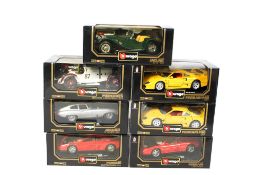Seven Burago 1:18 scale diecast model cars. Comprising a No.