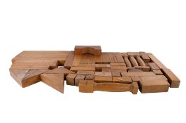 A collection of vintage wooden building blocks.