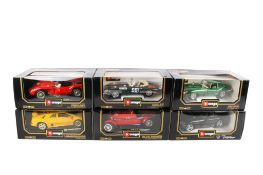 Six Burago 1:18 scale diecast cars.