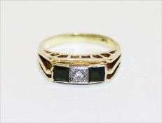 14 k Gelbgold Ring mit in Weißgold gefaßten Diamanten und 2 Turmalinen, 5,2 gr., Gr. 54