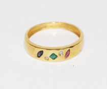 8 k Gelbgold Ring mit 2 Diamanten, Rubin, Safir und Smaragd in verschiedenen Schliffformen, 1,75