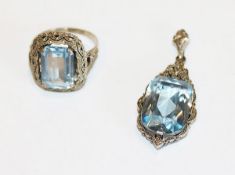 Silber Ring, Gr. 56 und passender Anhänger, 4,5 cm x 2 cm, schöne Handarbeit mit hellblauen