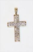 14 k Gelbgold Kreuzanhänger mit in Weißgold gefaßten Diamanten, 2 gr., 2,5 cm x 1,5 cm