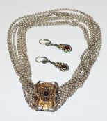 Silber Kropfkette, 7-reihig mit teils vergoldeter Schließe und Granat, L 32 cm, und Paar passende