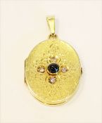 14 k Gelbgold Medaillon-Anhänger, aufklappbar, schauseitig mattiert und graviert mit Safir-