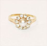 14 k Gelbgold Ring mit Perle und 10 Diamanten, 2,5 gr., Gr. 52