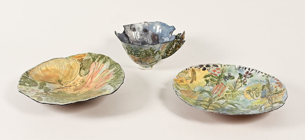 Claudia Clare (British born 1962), a teacup saucer and plate "The Iron Rice Bowl or Famine Gene