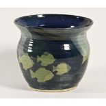 A Studio Pottery jardiniere, decorated with fish. Height 25 cm, diameter 29 cm, with impressed