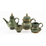 Tobias Harrison Studio Pottery teapot, hot water jug, jug, sugar basin and spoon in green lustre