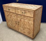 A vintage bamboo parquetry work veneered side cabinet, within a faux bamboo framework,