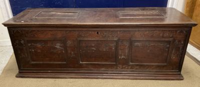 A 17th Century North Italian cedar and cypress wood carved, pen and pokerwork cassone or chest,