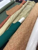 Eight part rolls of un-used furnishing fabric, to include silk types, baize, chenille, suede effect,