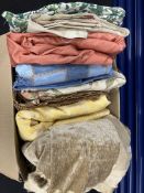 Two boxes containing lengths of mainly furnishing fabrics, including chenille, corduroy, etc.