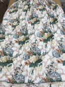 Three pairs of glazed cotton cream ground hydrangea and coral ribbon decorated interlined curtains