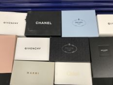Eleven designer shoe boxes (no shoes), majority with original packaging inside,