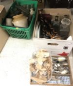 A box containing assorted glass bottles and stoneware inkwells, etc,