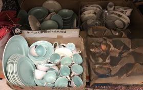 Two boxes of Poole twin tone dinner and tea wares together with a box containing Royal Worcester