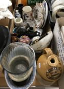 A box containing assorted china and metal wares to include cloisonné vases and dish,