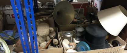 Three boxes of decorative, mainly ornamental, items on a sporting theme to include mugs,