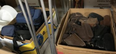 Two boxes of assorted leather, cloth,